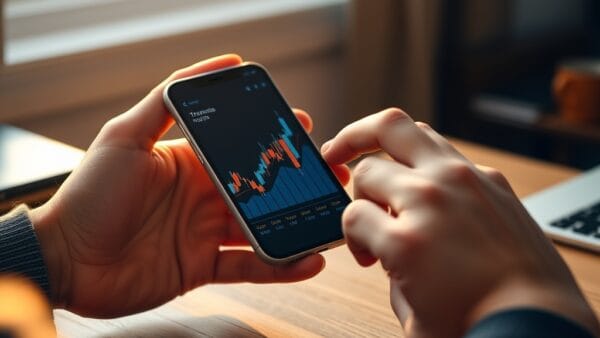 Mains tenant un smartphone avec un graphique stylisé à côté d'une tasse de café sur un bureau en bois