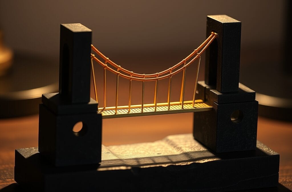 Pont suspendu miniature en laiton reliant deux blocs de pierre sur un bureau