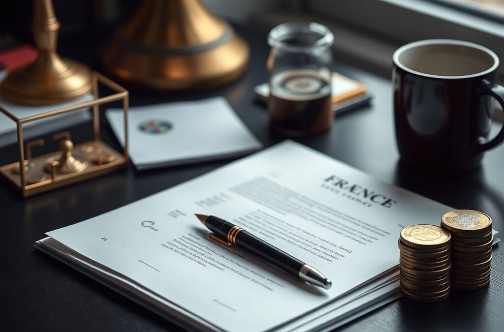 Dossier administratif francais ouvert avec stylo-plume, pieces d euro et cafe