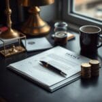 Dossier administratif francais ouvert avec stylo-plume, pieces d euro et cafe