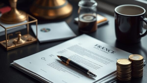 Dossier administratif francais ouvert avec stylo-plume, pieces d euro et cafe