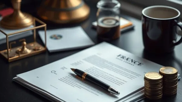 Dossier administratif francais ouvert avec stylo-plume, pieces d euro et cafe