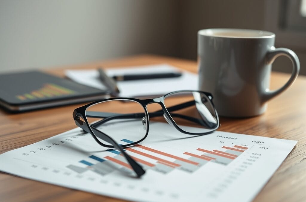 Lunettes posées sur un graphique financier imprimé avec tasse de café