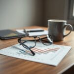 Lunettes posées sur un graphique financier imprimé avec tasse de café