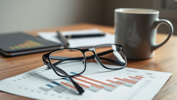 Lunettes posées sur un graphique financier imprimé avec tasse de café