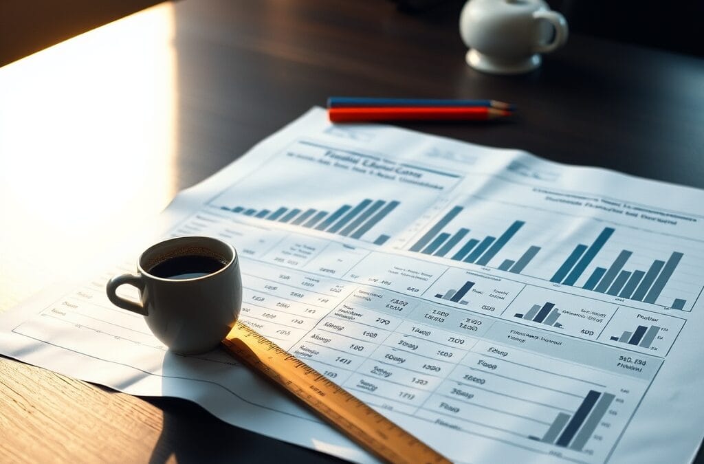 Graphique financier etale sur un bureau avec regle en laiton, crayons et cafe fumant