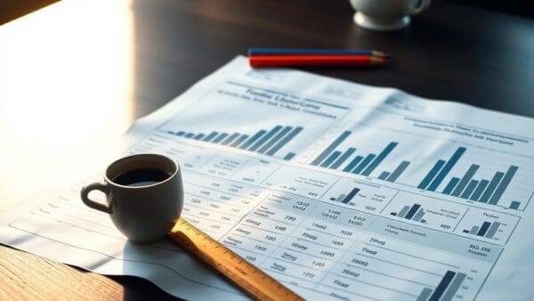 Graphique financier etale sur un bureau avec regle en laiton, crayons et cafe fumant