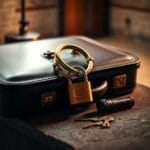 Cadenas en laiton enchaine autour d une mallette en cuir sur beton avec cles