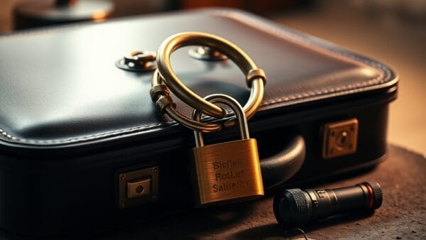 Cadenas en laiton enchaine autour d une mallette en cuir sur beton avec cles