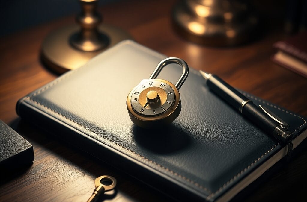 Cadenas à combinaison en laiton sur un journal en cuir avec stylo et clé en laiton