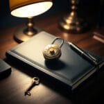 Cadenas à combinaison en laiton sur un journal en cuir avec stylo et clé en laiton