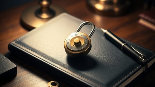 Cadenas à combinaison en laiton sur un journal en cuir avec stylo et clé en laiton