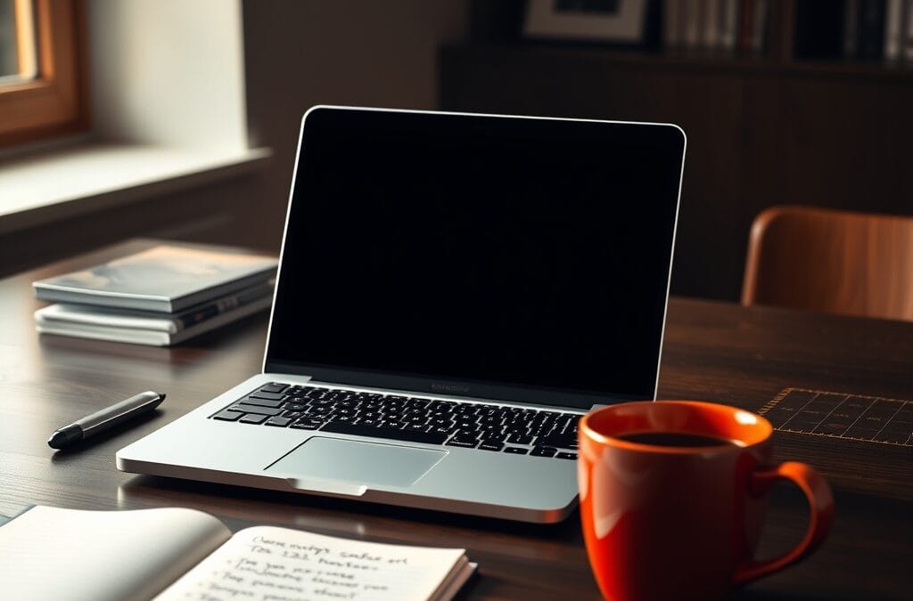 Ordinateur portable ouvert sur un bureau en chene avec un bloc-notes et une tasse de cafe