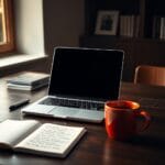 Ordinateur portable ouvert sur un bureau en chene avec un bloc-notes et une tasse de cafe