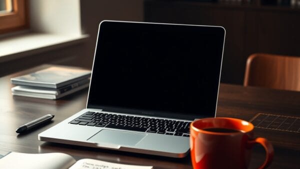 Ordinateur portable ouvert sur un bureau en chene avec un bloc-notes et une tasse de cafe