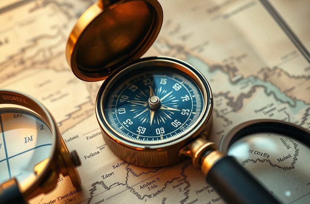 Boussole en laiton vintage posée sur une carte nautique ancienne