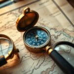 Boussole en laiton vintage posée sur une carte nautique ancienne