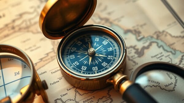 Boussole en laiton vintage posée sur une carte nautique ancienne