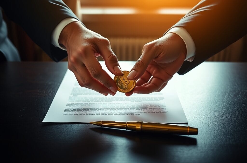 Mains echangeant une piece doree au-dessus d un bureau avec contrat signe