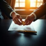Mains echangeant une piece doree au-dessus d un bureau avec contrat signe