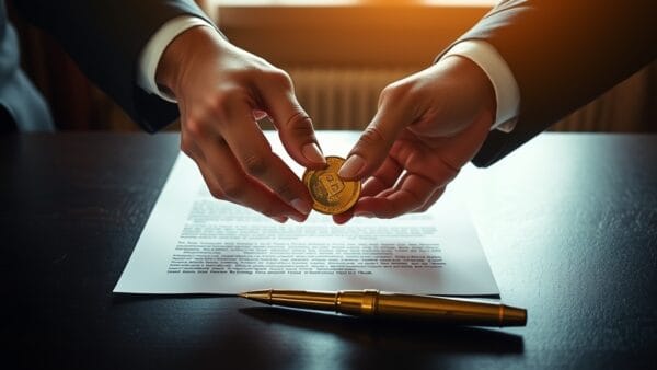 Mains echangeant une piece doree au-dessus d un bureau avec contrat signe