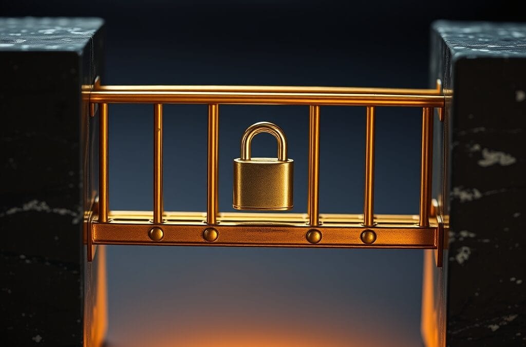 Maquette de pont en laiton solide entre deux blocs de granite avec cadenas de securite
