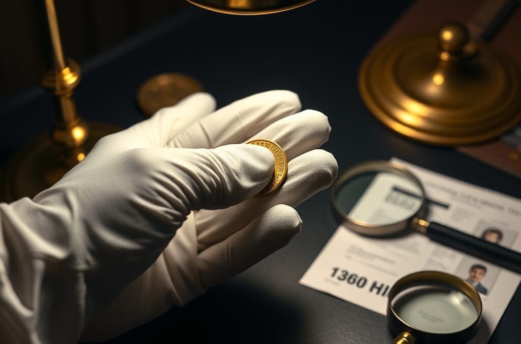 Gants blancs manipulant une piece doree sous lampe avec loupe et documents d identite