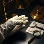 Gants blancs manipulant une piece doree sous lampe avec loupe et documents d identite