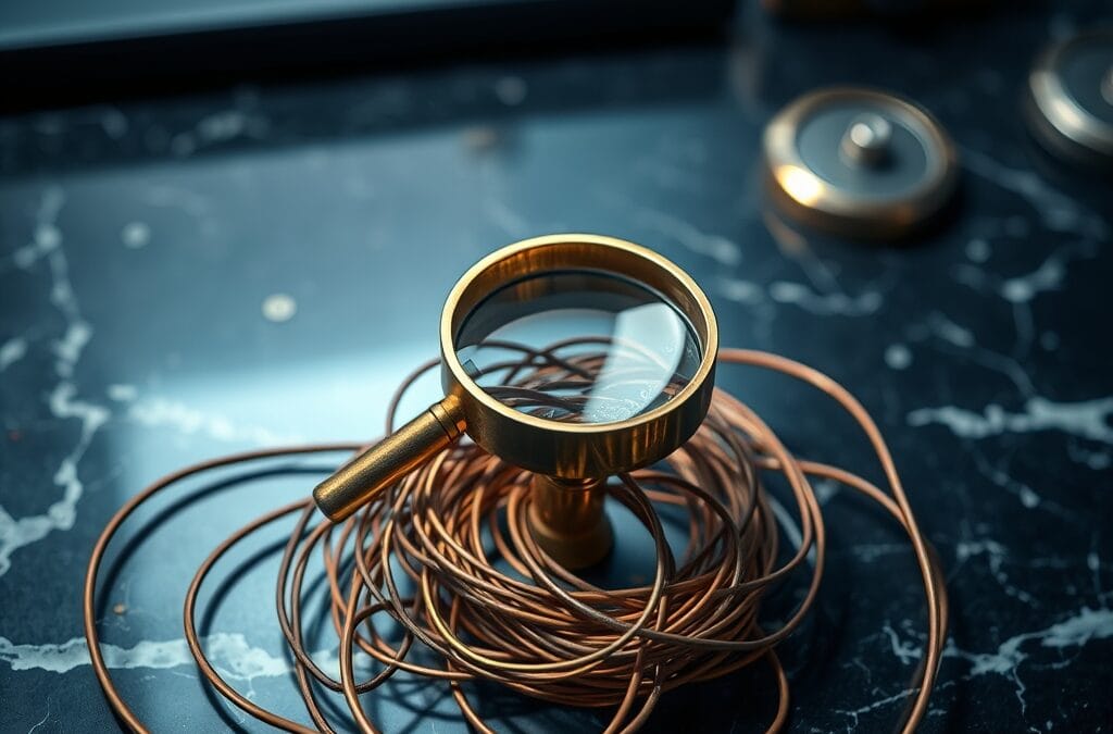 Loupe de detective en laiton au-dessus d un reseau de fils de cuivre emmeles