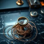 Loupe de detective en laiton au-dessus d un reseau de fils de cuivre emmeles