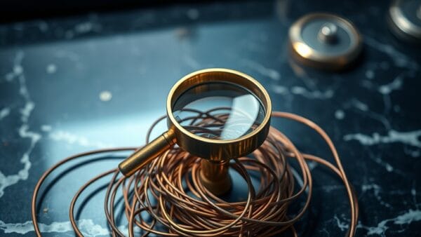 Loupe de detective en laiton au-dessus d un reseau de fils de cuivre emmeles
