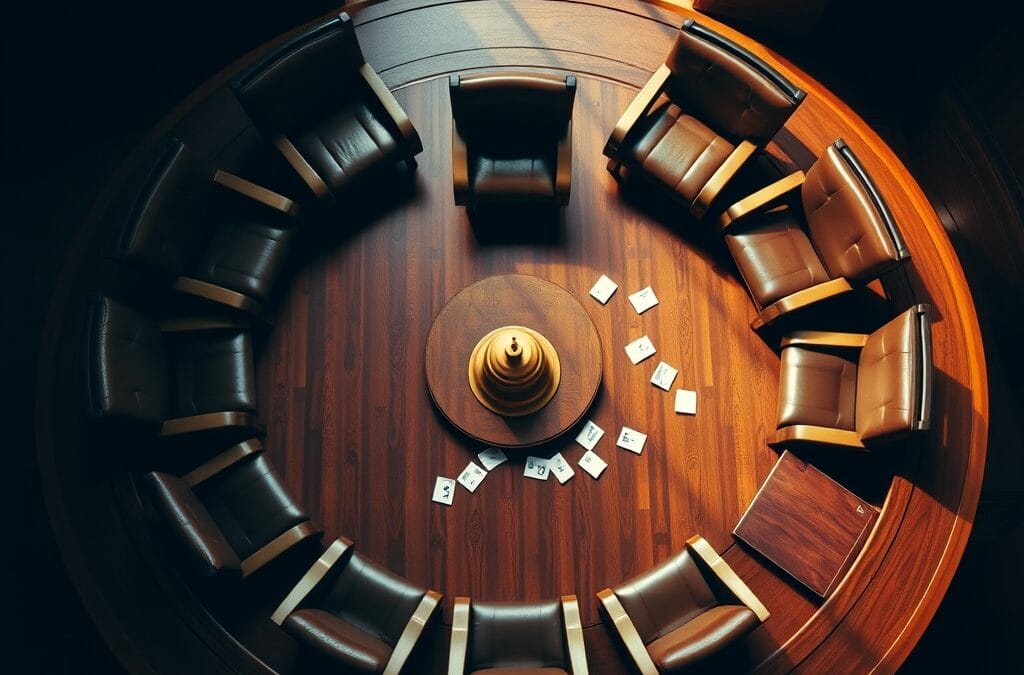 Table de conference ronde vue de dessus avec chaises vides et bulletins de vote