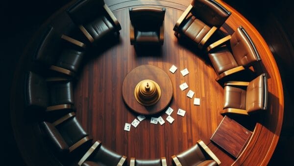 Table de conference ronde vue de dessus avec chaises vides et bulletins de vote