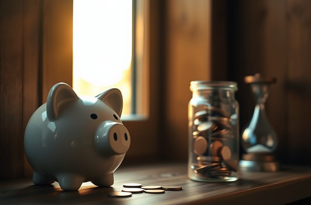 Tirelire en céramique et bocal de pièces stratifiées sur étagère en bois