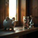 Tirelire en céramique et bocal de pièces stratifiées sur étagère en bois