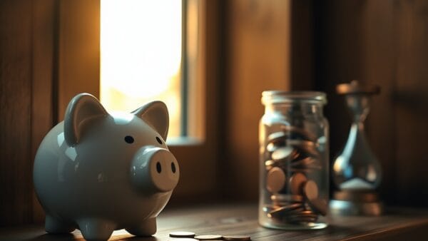 Tirelire en céramique et bocal de pièces stratifiées sur étagère en bois