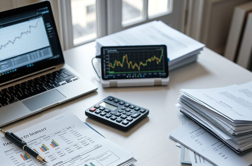 Bureau comptable organisé avec documents fiscaux, calculatrice et ordinateur affichant des graphiques crypto