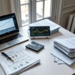 Bureau comptable organisé avec documents fiscaux, calculatrice et ordinateur affichant des graphiques crypto