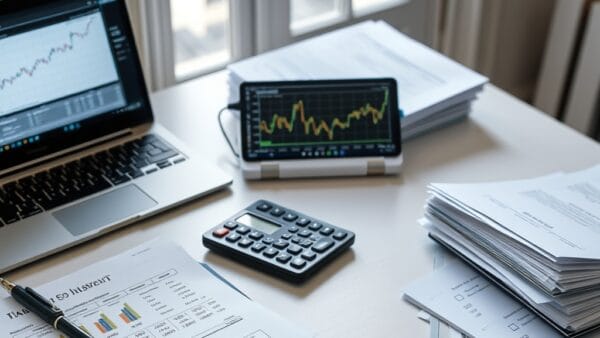 Bureau comptable organisé avec documents fiscaux, calculatrice et ordinateur affichant des graphiques crypto