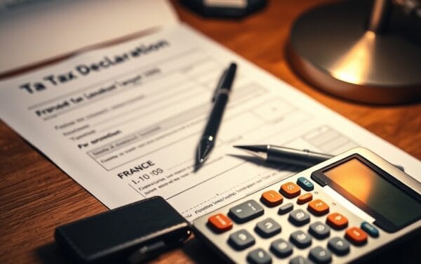 Bureau avec calculatrice, stylo et hardware wallet sur un document de déclaration