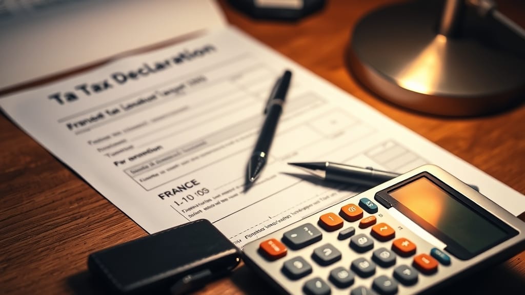 Bureau avec calculatrice, stylo et hardware wallet sur un document de déclaration