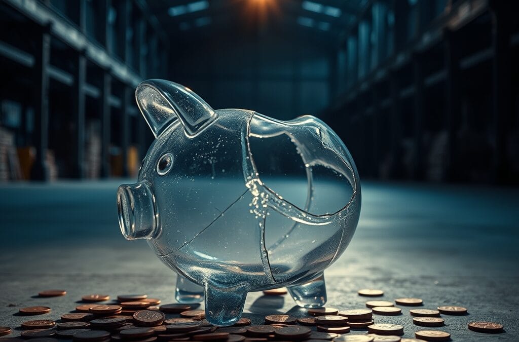 Tirelire en verre brisée sur un sol en béton avec des pièces de cuivre éparpillées