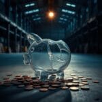 Tirelire en verre brisée sur un sol en béton avec des pièces de cuivre éparpillées