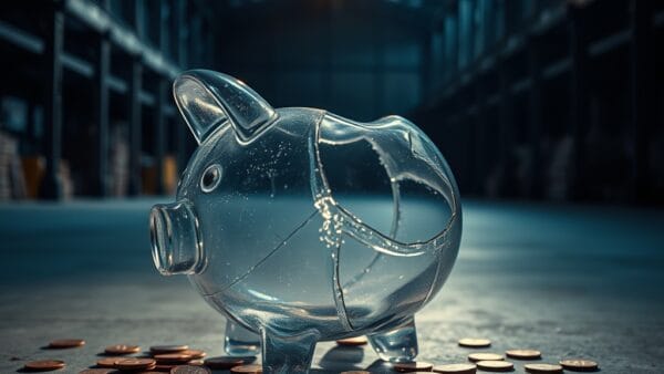 Tirelire en verre brisée sur un sol en béton avec des pièces de cuivre éparpillées