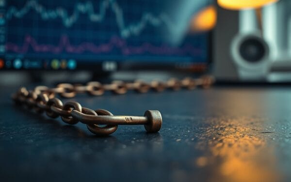 Maillon de chaîne brisé sur surface ardoise sombre, éclairage tamisé