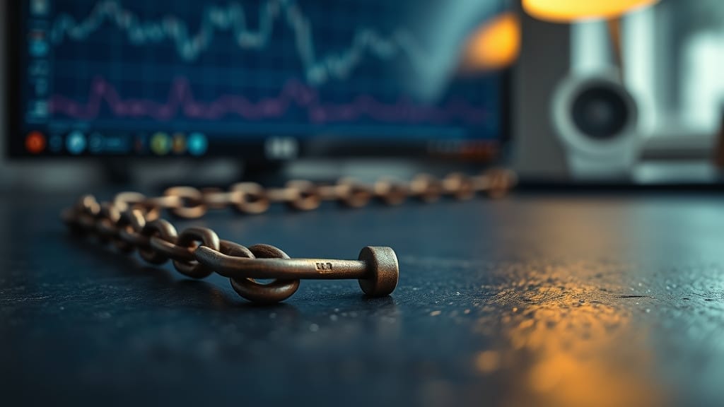 Maillon de chaîne brisé sur surface ardoise sombre, éclairage tamisé