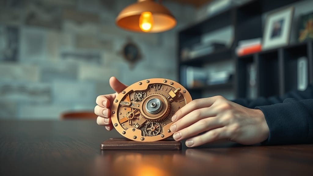 Mains de développeur assemblant des rouages de cuivre poli sur un bureau en bois sombre, lumière chaude.