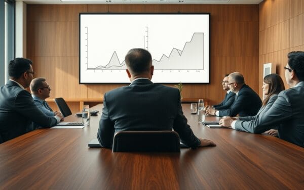 Réunion stratégique de cadres autour d'une grande table en bois