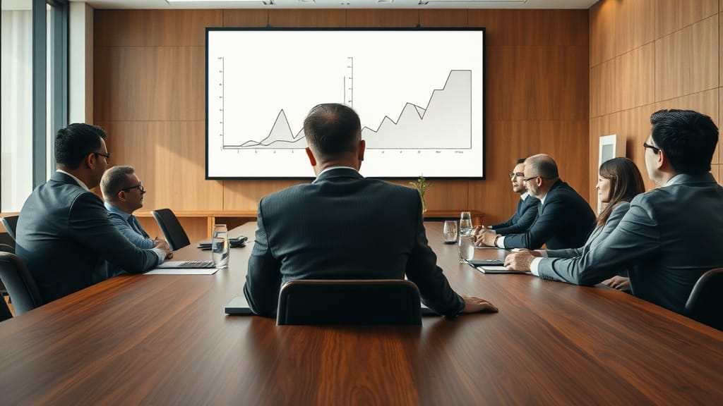 Réunion stratégique de cadres autour d'une grande table en bois