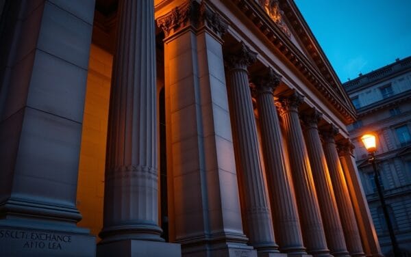 Façade en pierre d'une bourse européenne classique au crépuscule